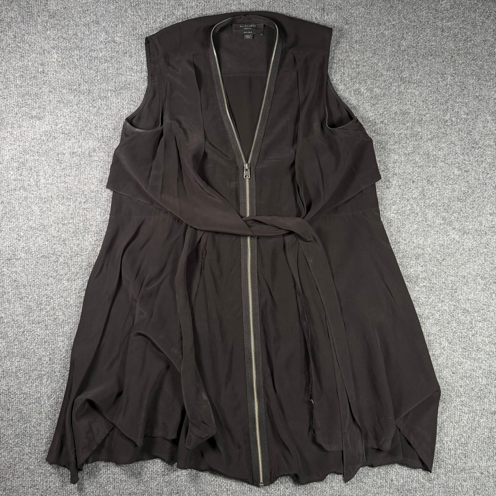 AllSaints Silk Sleeveless Zip Front Top Womens Medium Black Draped Asymmetrical